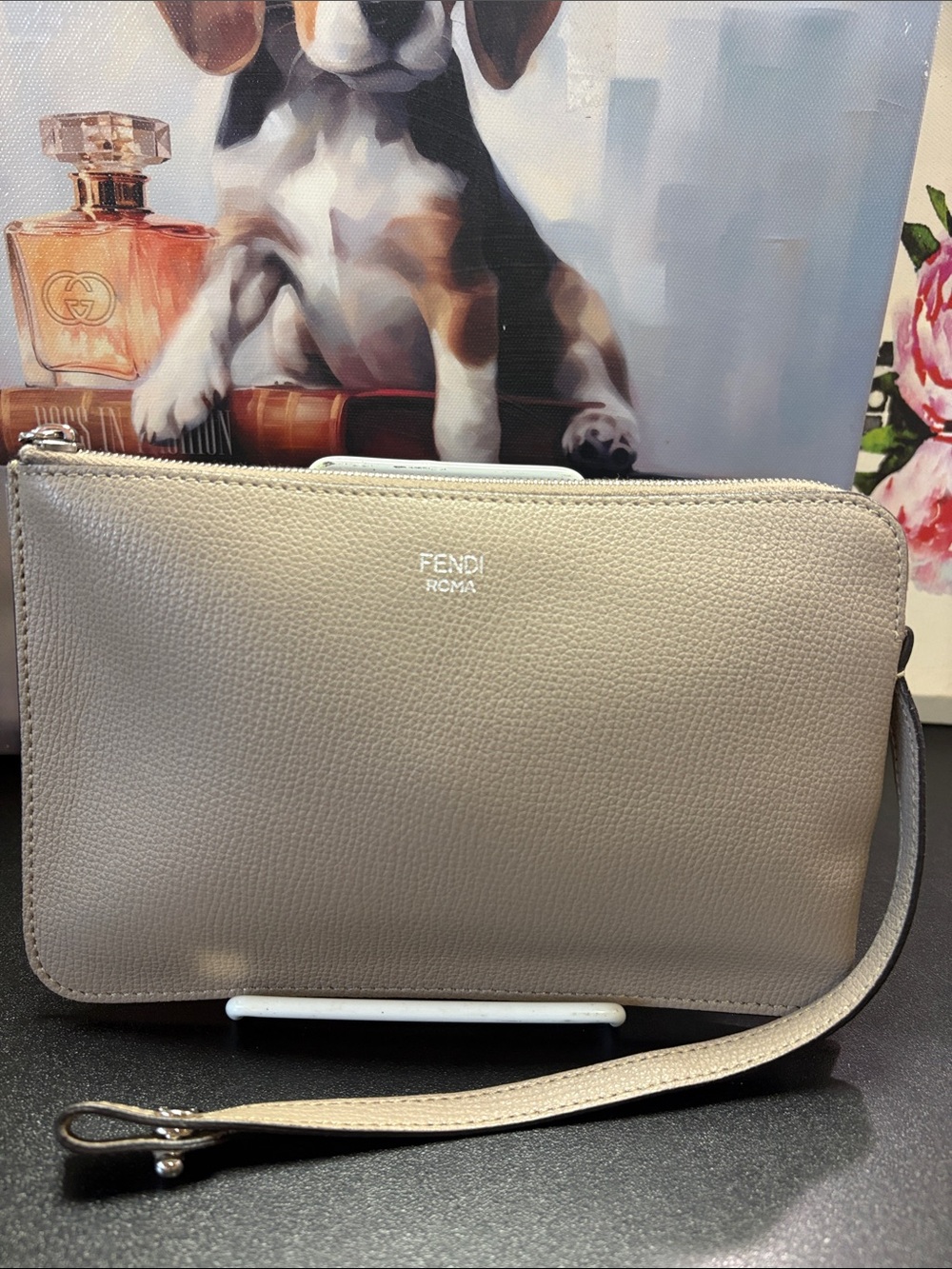 FENDI  Authentic ROMA taupe leather zip pouch/ accessory pouch W/strap.-EUC-